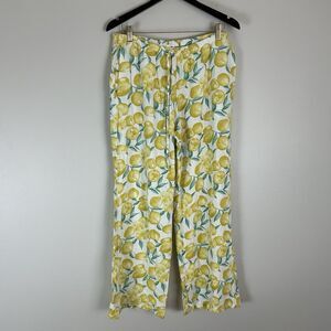 Linen Blend Large Wide Leg Pants Lemon Fruit Lagenlook Beachy Coastal